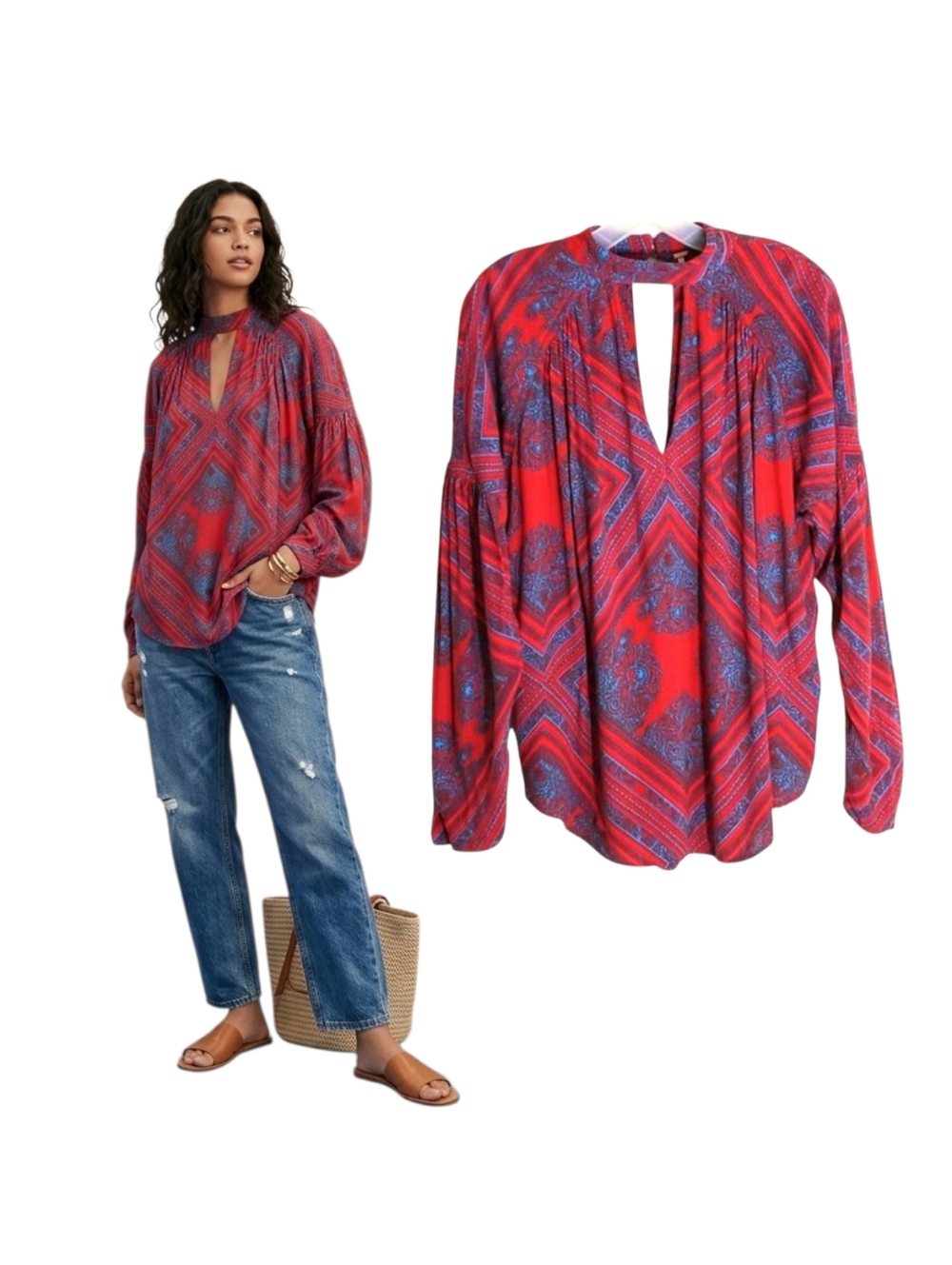 Free People Walking on a Dream Tunic Top Women's Size XS Red Cut out Long Sleeve